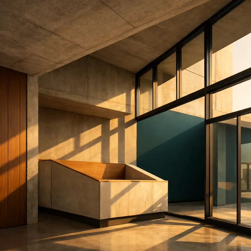 Detailaufnahme der klaren Architektur mit Beton, Holz und Glas bei Abendlicht