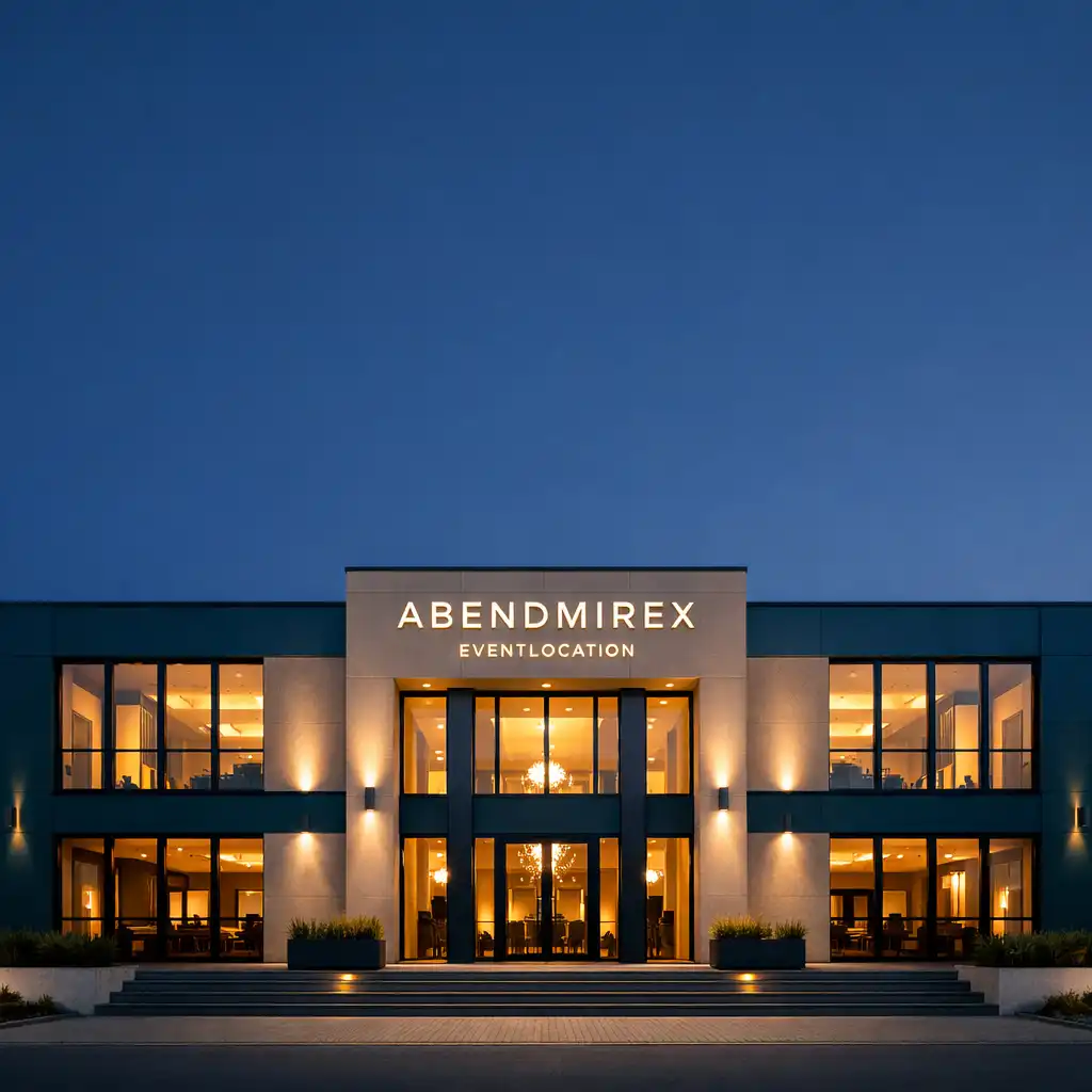 Moderne Fassade der ABENDMIREX Eventlocation in Nürnberg bei Abenddämmerung mit warmem Licht und klaren geometrischen Linien