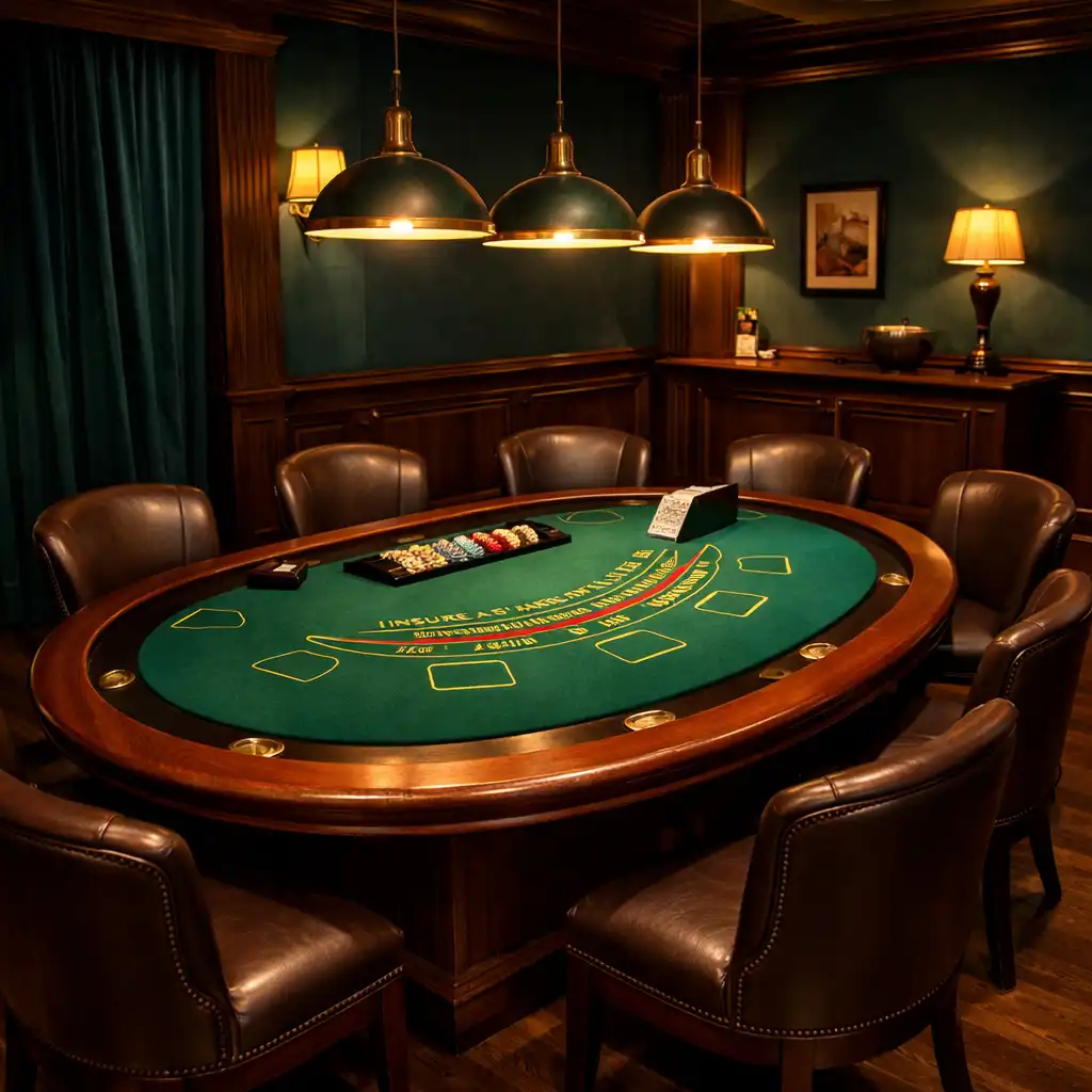 Professioneller Spieltisch mit grünem Filz in einem eleganten Casino-Bereich der Location