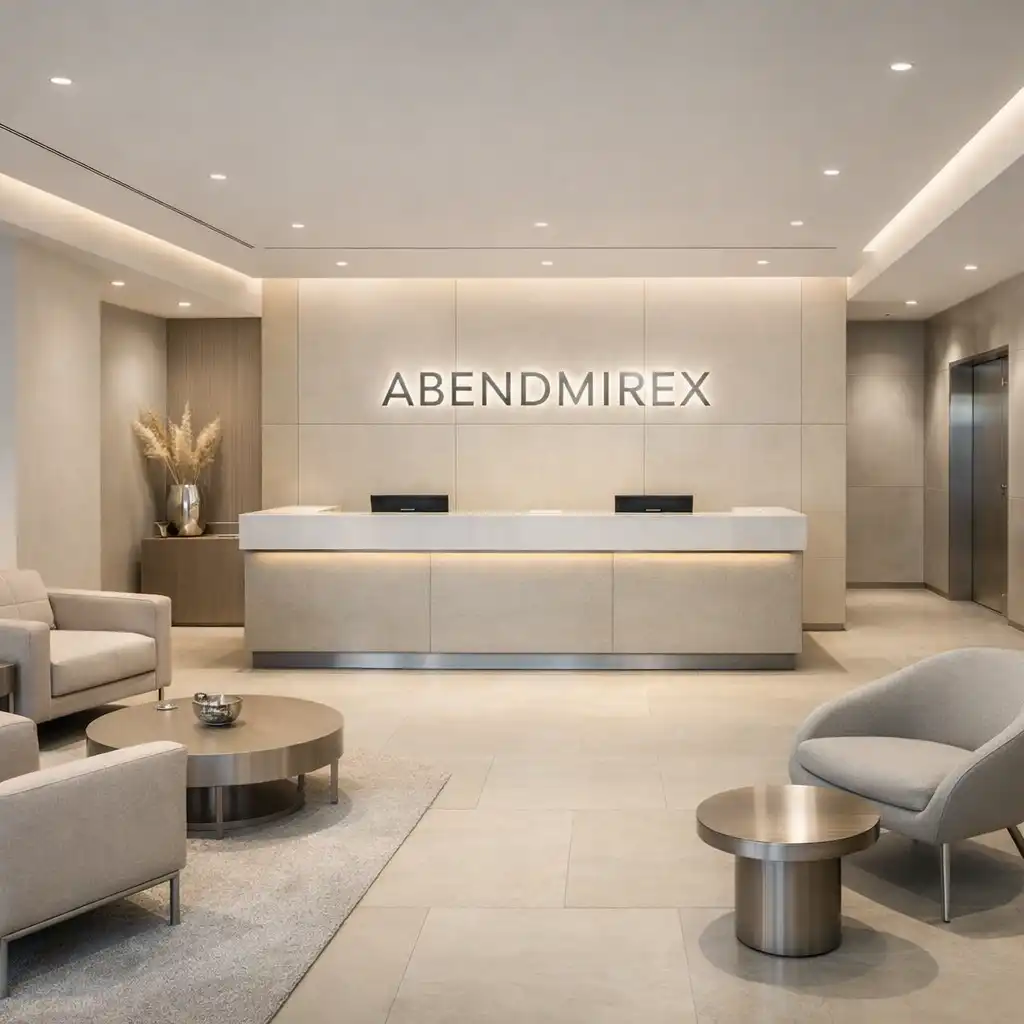Elegantes Foyer der ABENDMIREX Eventlocation mit klaren Linien, dezenter Beleuchtung und warmen Sandtönen