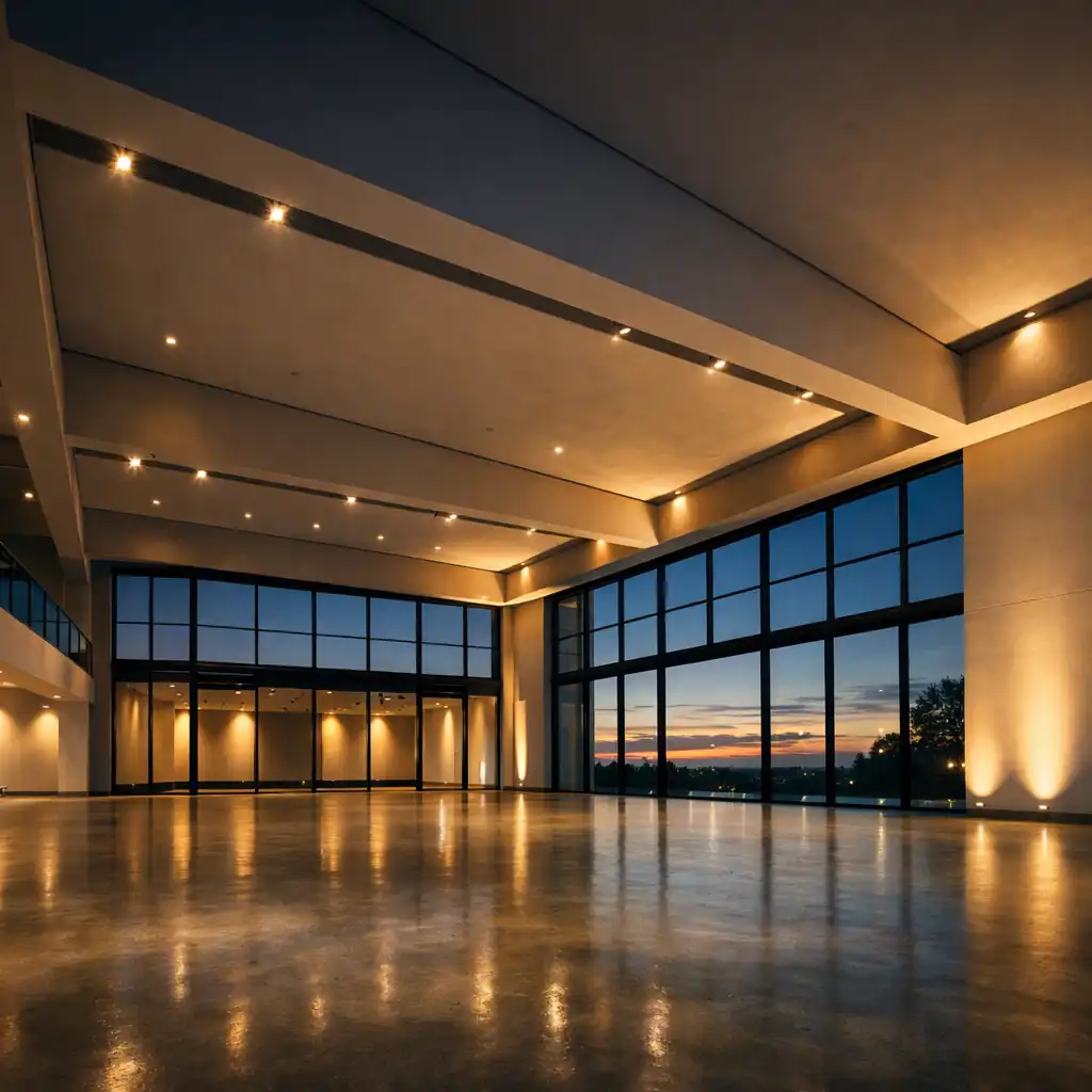 Moderne Eventhalle bei Abendlicht mit klaren geometrischen Linien und hohen Decken