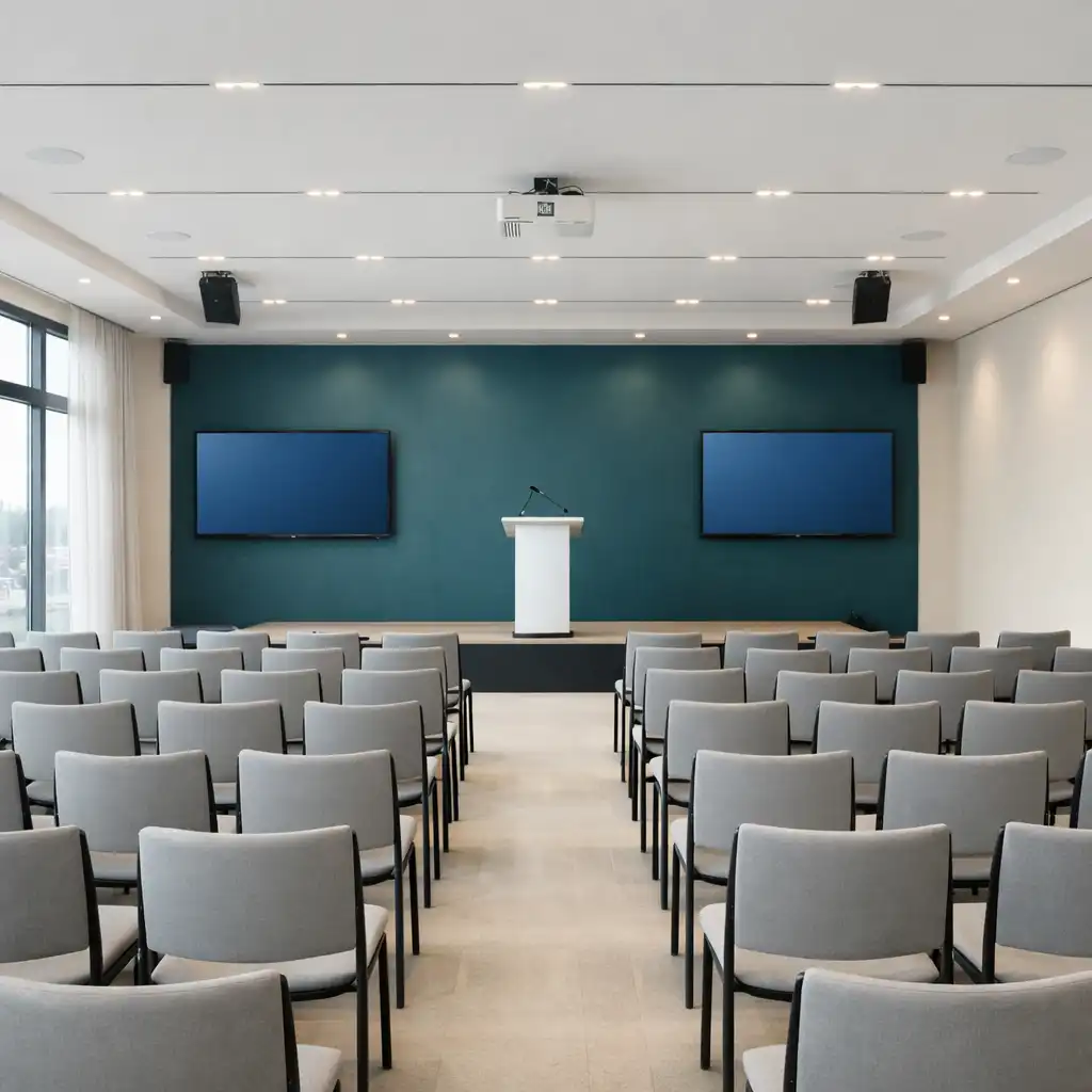 Heller Konferenzraum mit Reihenbestuhlung und Bühne