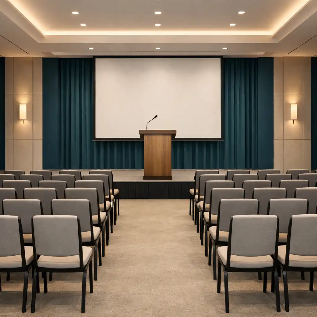 Eingerichteter Konferenzraum der Eventlocation ABENDMIREX für Firmenveranstaltungen bei Abendlicht