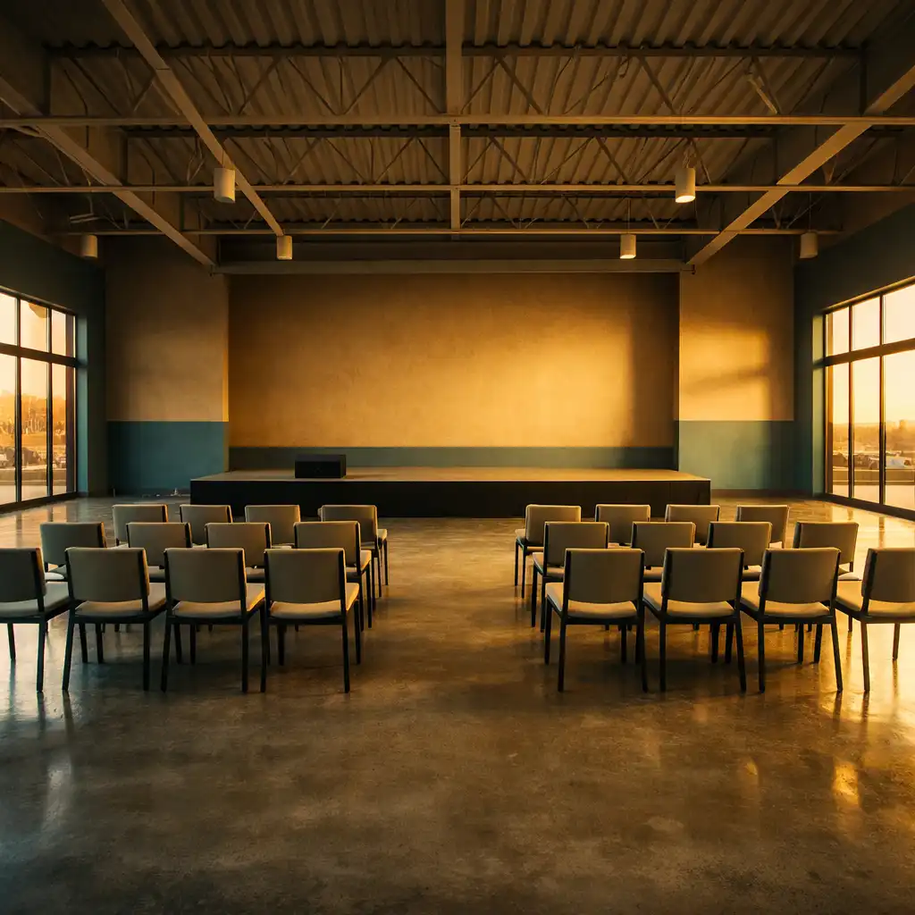 Moderne, leere Eventhalle bei Abendlicht mit hohen Decken und Bühne