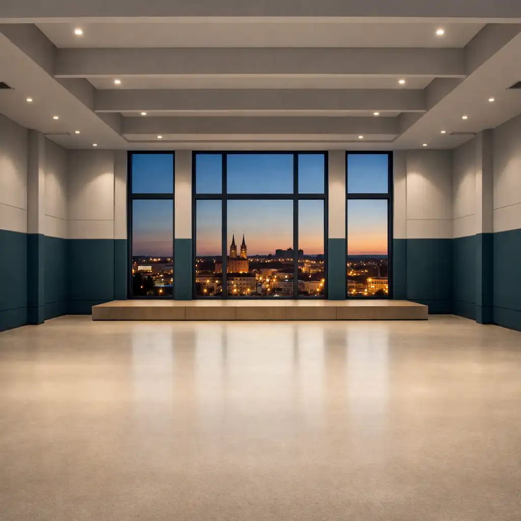 Moderne Eventlocation ABENDMIREX in Nürnberg bei Abendlicht mit klaren geometrischen Linien und großen Fensterflächen