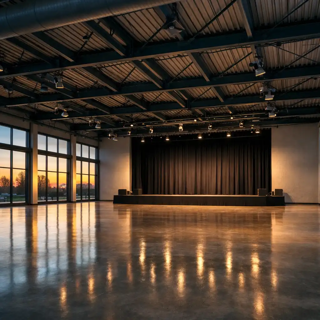 Moderne, leere Eventhalle bei Abenddämmerung mit hohen Decken, Stahlträgern und warmem Licht durch große Fensterfronten