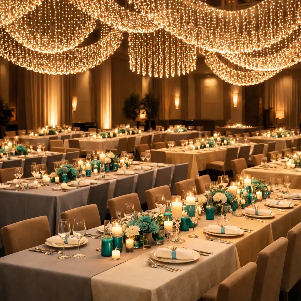 Eventtische in der Haupthalle gedeckt für ein Galadinner mit hängenden Lichtinstallationen in warmem Abendlicht