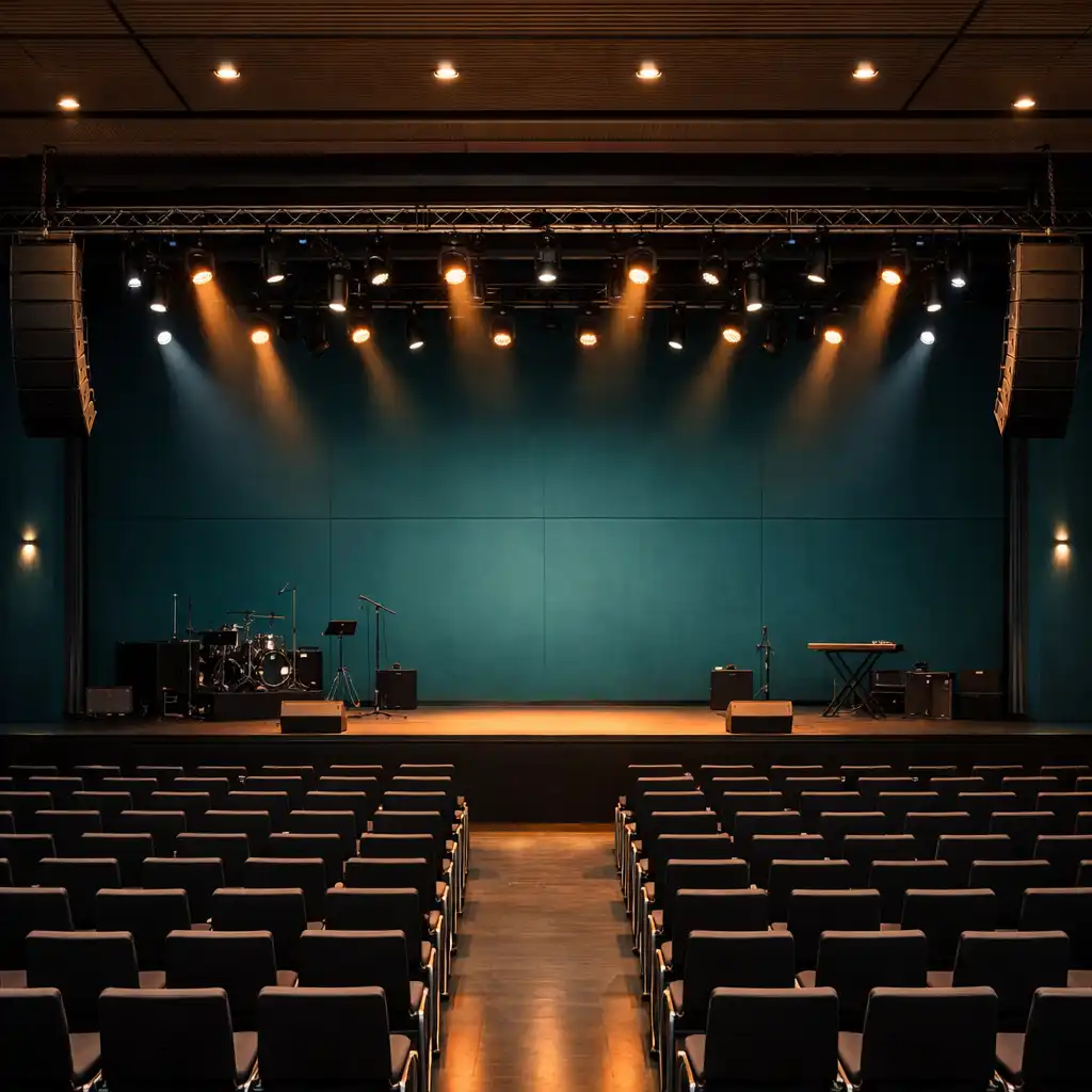 Detailansicht der Haupthalle mit Bühne und modernen Lichtinstallationen in Abendstimmung