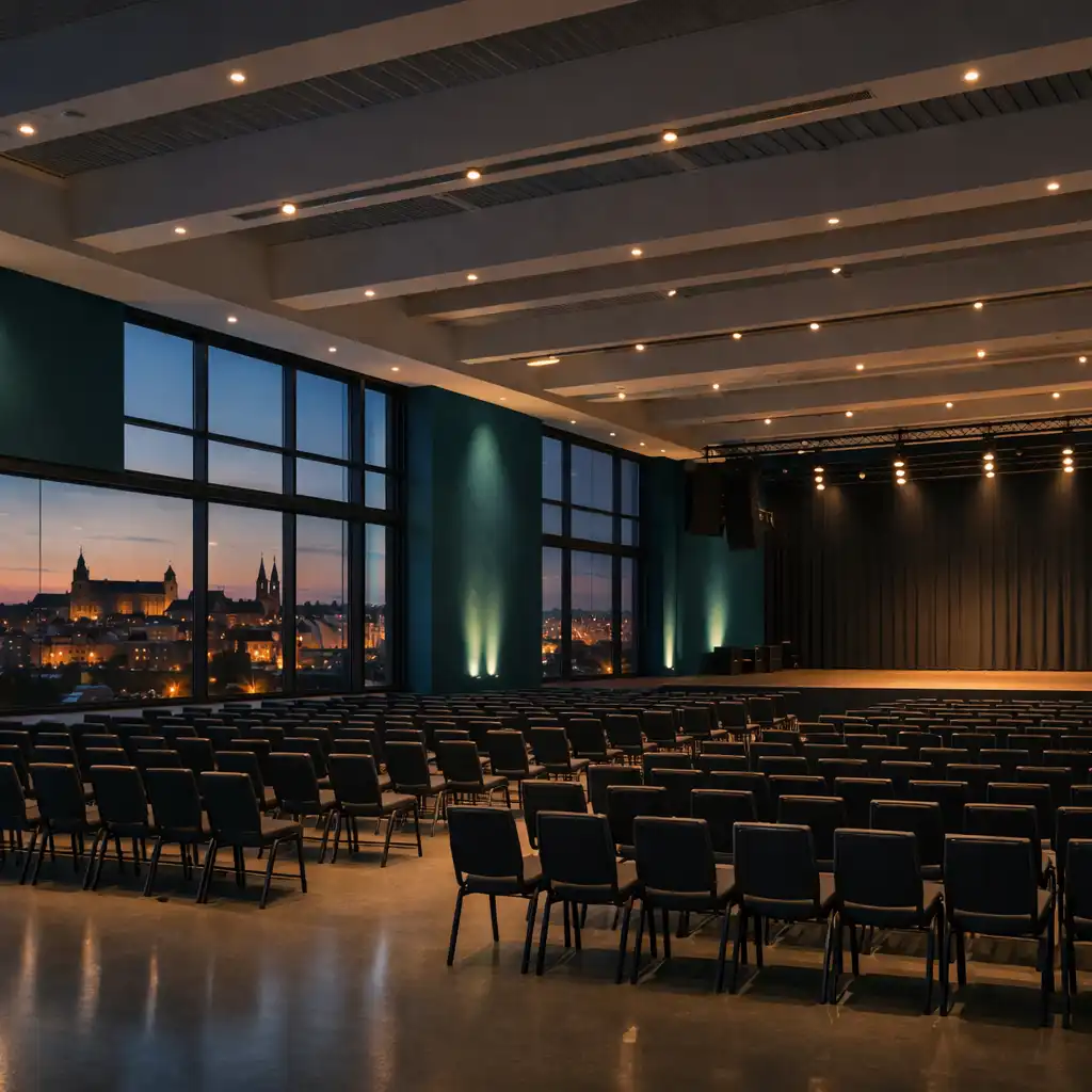Weite moderne Eventhalle der ABENDMIREX Location in Nürnberg bei Abendlicht mit hohen Decken und flexibler Bestuhlung