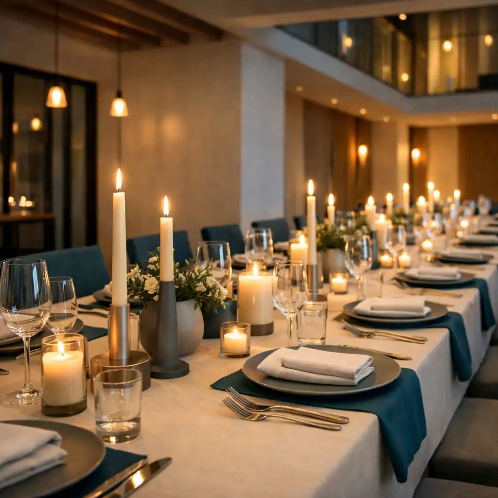 Festlich gedeckte Tafel für private Events in der Eventlocation ABENDMIREX bei warmem Abendlicht