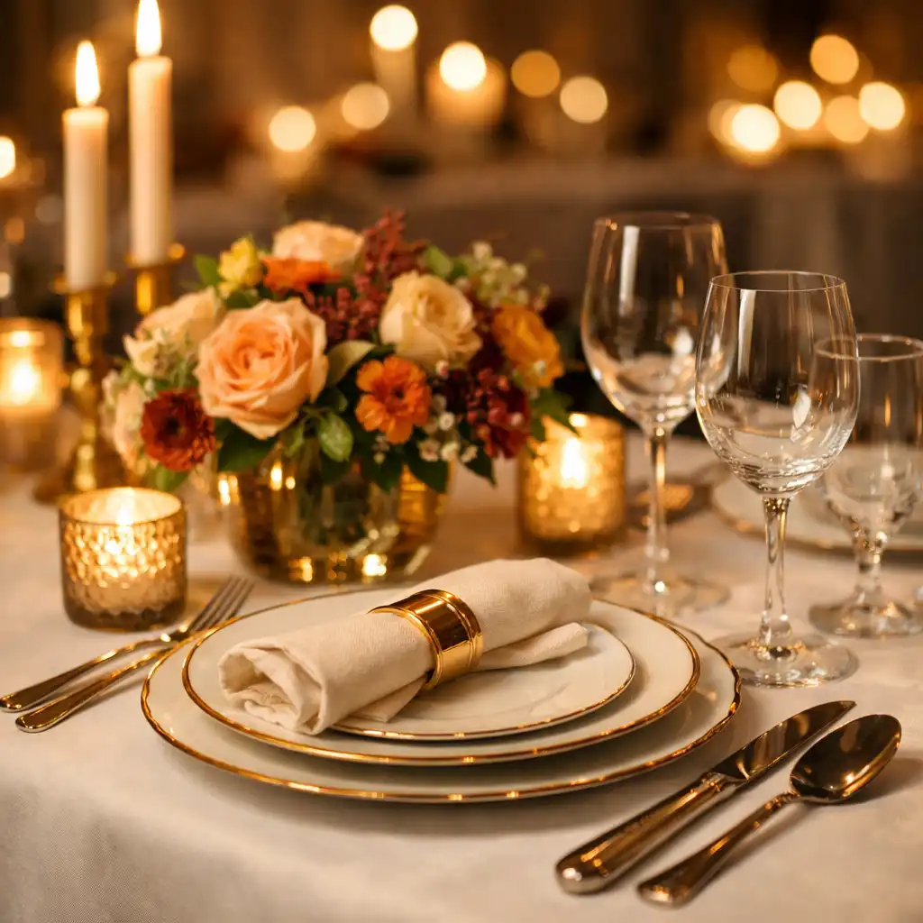 Festlich gedeckter Tisch bei einem privaten Dinner Event mit Kerzenlicht und elegantem Geschirr