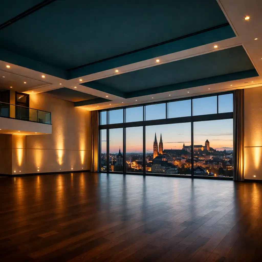 Moderne Eventlocation in Nürnberg bei Abendlicht mit klaren architektonischen Linien und warmem indirektem Licht