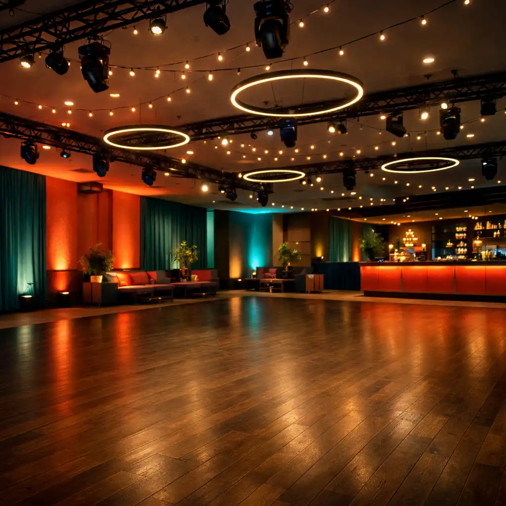 Leere Tanzfläche in einer modernen Eventlocation mit dezenter Lichtinstallation und warmen Farbakzenten